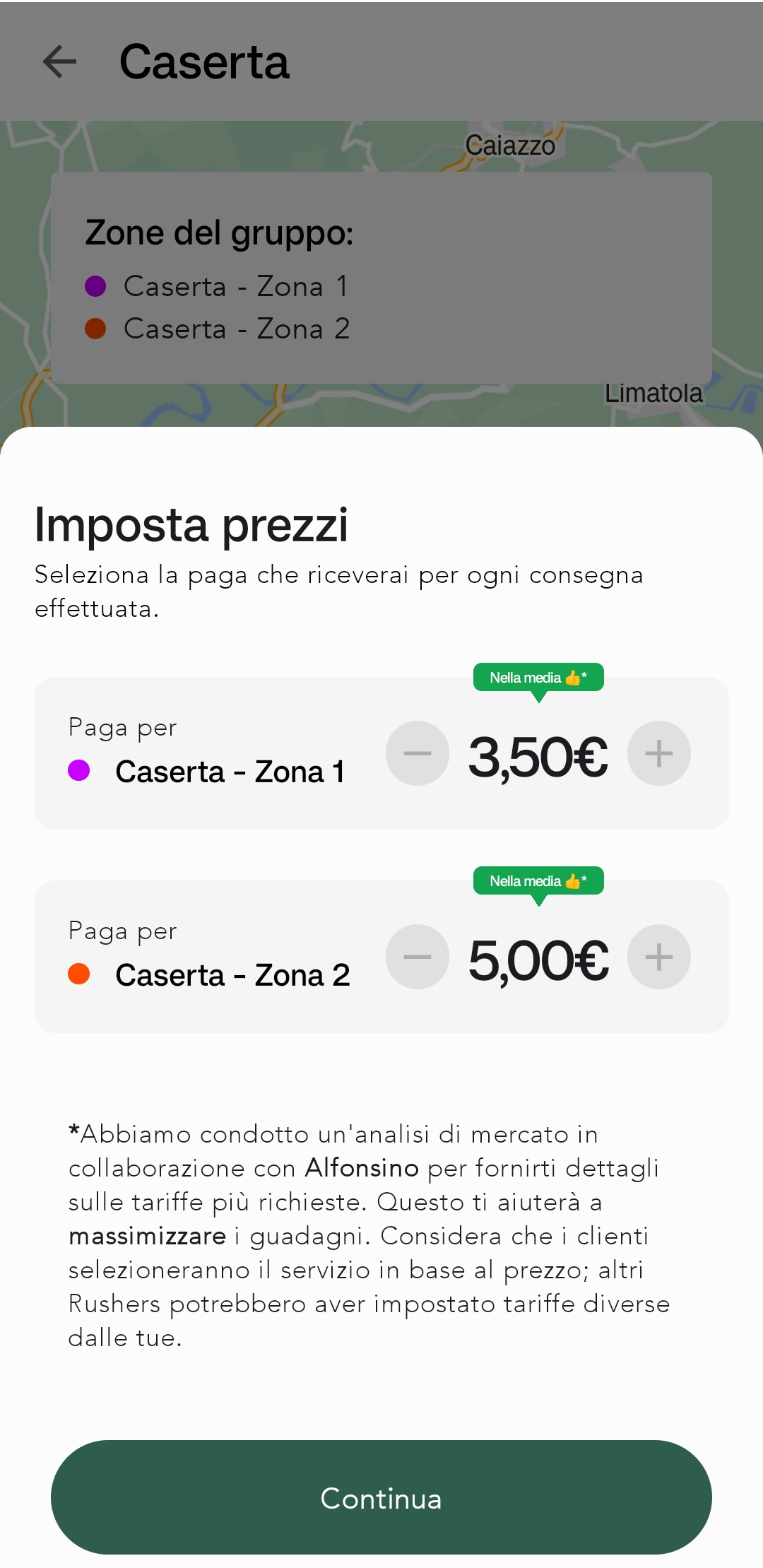 Screenshot del pop-up di valutazione tariffa.