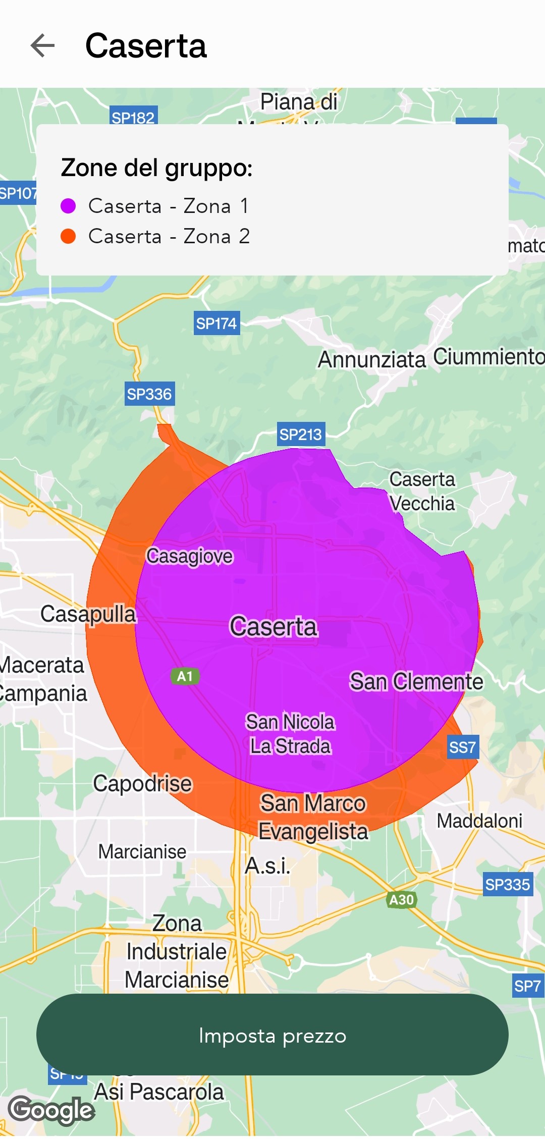 Screenshot della selezione zone sull'app.