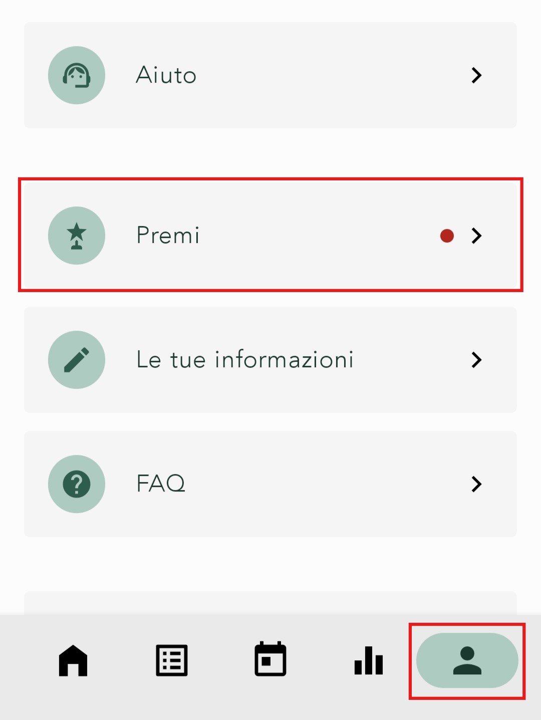 Accesso alla sezione Premi dal profilo utente.