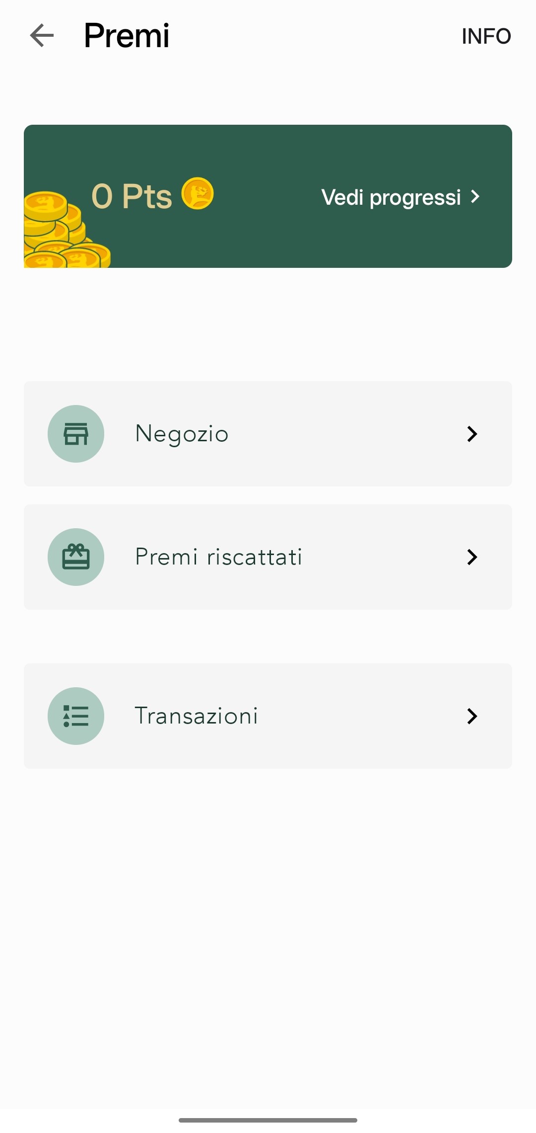 Schermata della sezione Premi con il saldo punti e le opzioni.
